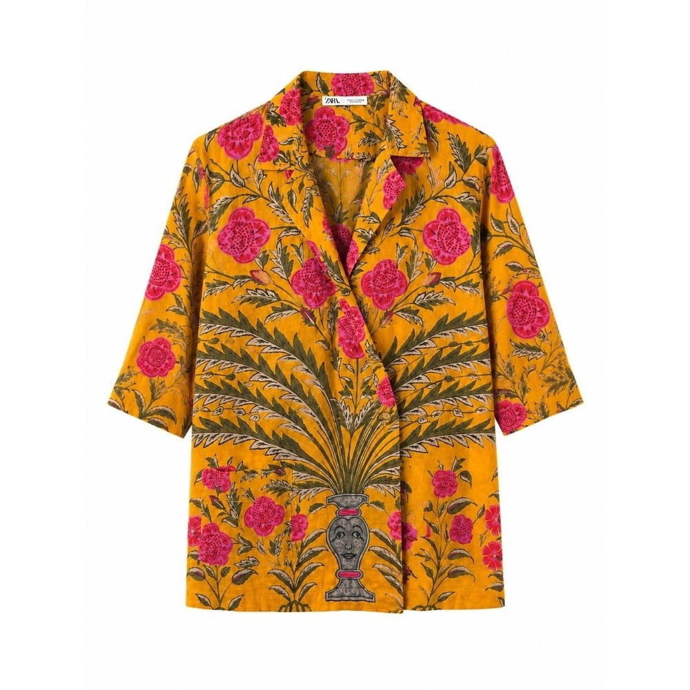 Rhode Resort Womens Blouse Floral Yellow Pink Shirt Size L